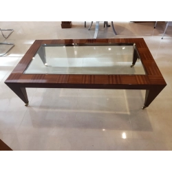 Mulyoharjo 1980s Glass Inlaid in Wood Coffee Table With Brass Roller Feet Furniture Supplier