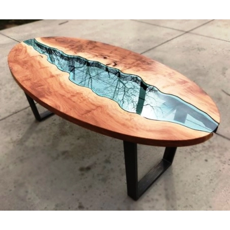 Modern River Dining Table with Wood and Blue Epoxy Resin