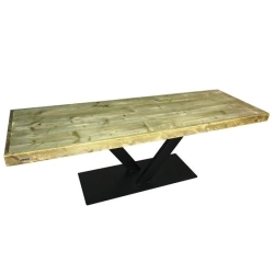 Modern wood dining table with natural grain and iron legs