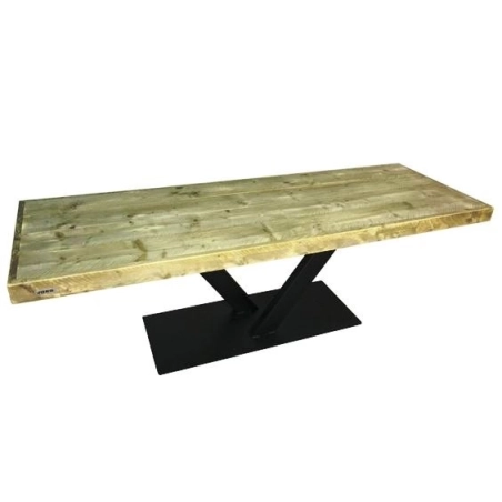Modern wood dining table with natural grain and iron legs