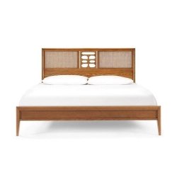Mid-Century Modern Wooden Bed Frame with Rattan Headboard