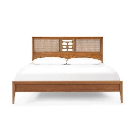 Mid-Century Modern Wooden Bed Frame with Rattan Headboard