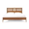 Mid-Century Modern Wooden Bed Frame with Rattan Headboard