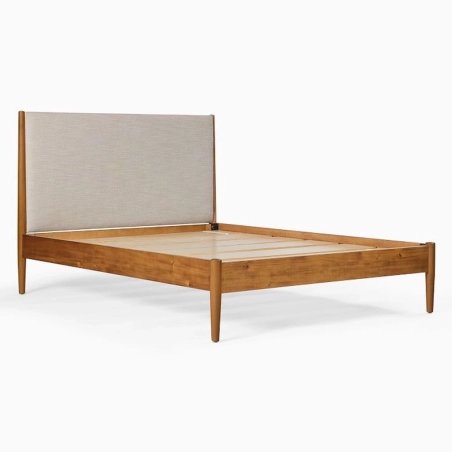 Mid-Century Modern Solid Wood Bed Frame with Upholstered Headboard