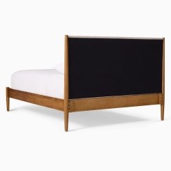 Mid-Century Modern Solid Wood Bed Frame with Upholstered Headboard