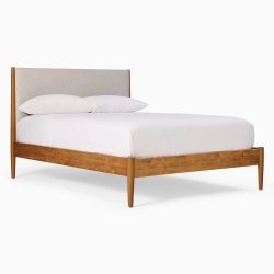 Mid-Century Modern Solid Wood Bed Frame with Upholstered Headboard