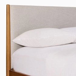 Mid-Century Modern Solid Wood Bed Frame with Upholstered Headboard