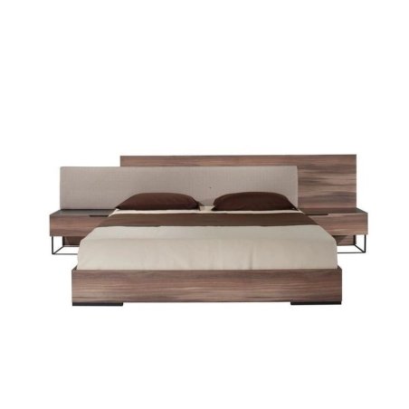 Modern Minimalist Wooden Bed with Upholstered Headboard and Integrated Nightstands