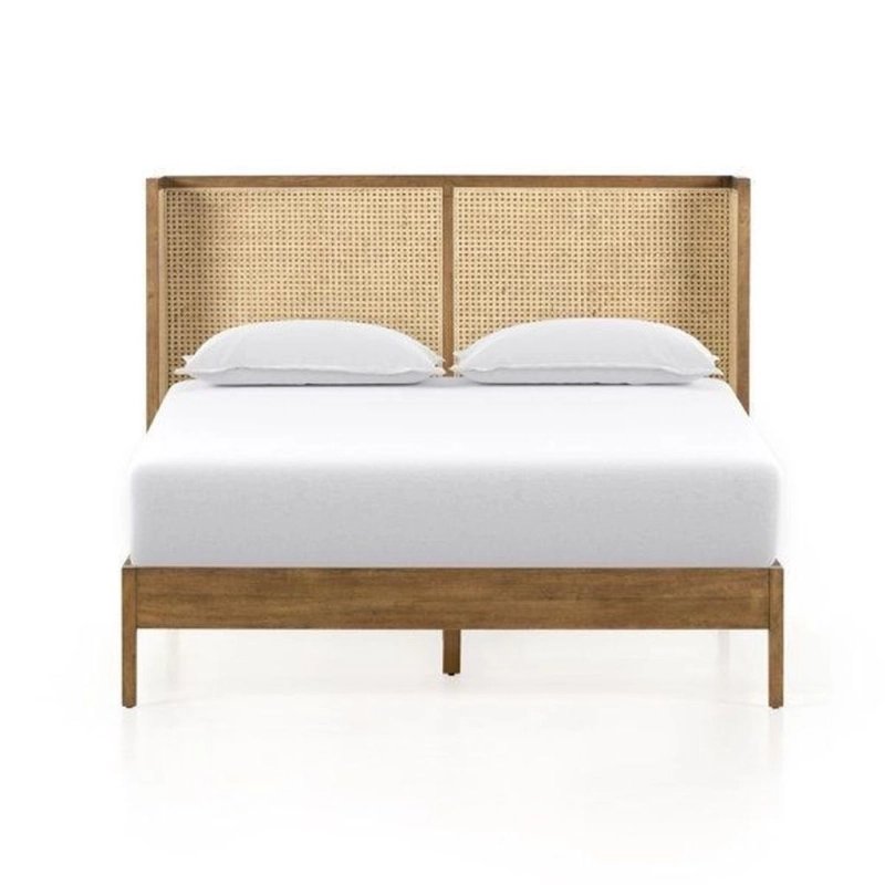 Mid-Century Modern Wood and Rattan Queen Size Bed Frame Mid-Century Modern Wood and Rattan Queen Size Bed Frame
