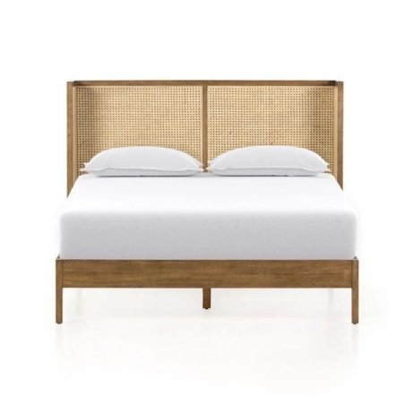 Mid-Century Modern Wood and Rattan Queen Size Bed Frame