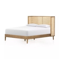Mid-Century Modern Wood and Rattan Queen Size Bed Frame