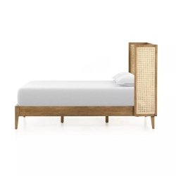 Mid-Century Modern Wood and Rattan Queen Size Bed Frame