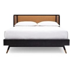 Solid Wood Bed Frame with Cane Rattan and Fabric Headboard