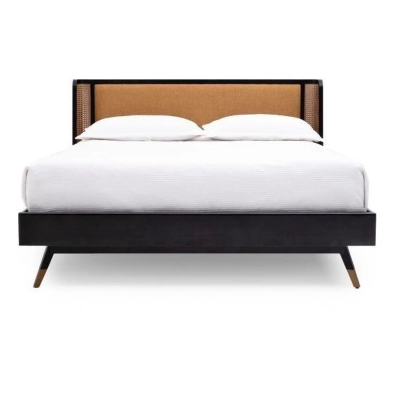 Solid Wood Bed Frame with Cane Rattan and Fabric Headboard Solid Wood Bed Frame with Cane Rattan and Fabric Headboard