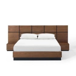 Modern Wood Platform Bed Frame with Integrated Headboard and Side Tables