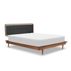 Elegant Mid-Century Modern Wood Bed Frame with Upholstered Headboard