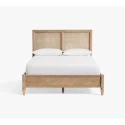 Natural Wood Cane Woven Headboard and Footboard Platform Bed Frame