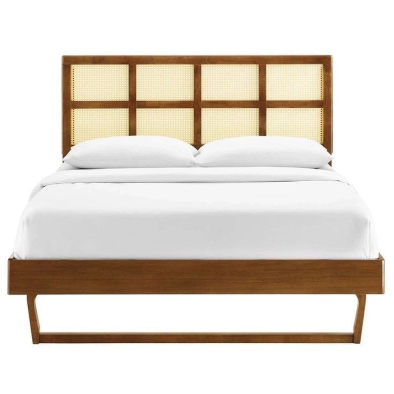 Mid-Century Modern Solid Wood Bed with Rattan Headboard