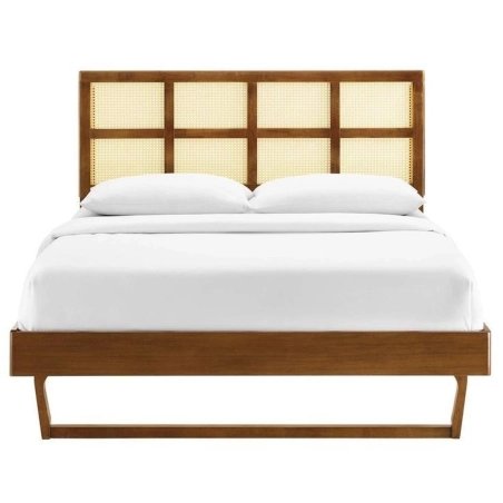 Mid-Century Modern Solid Wood Bed with Rattan Headboard