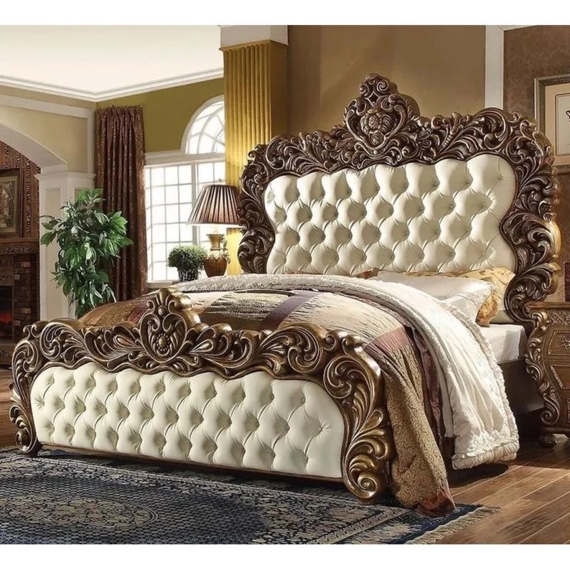 Exquisite Classic Carved Wood Bed with Tufted Upholstery Exquisite Classic Carved Wood Bed with Tufted Upholstery