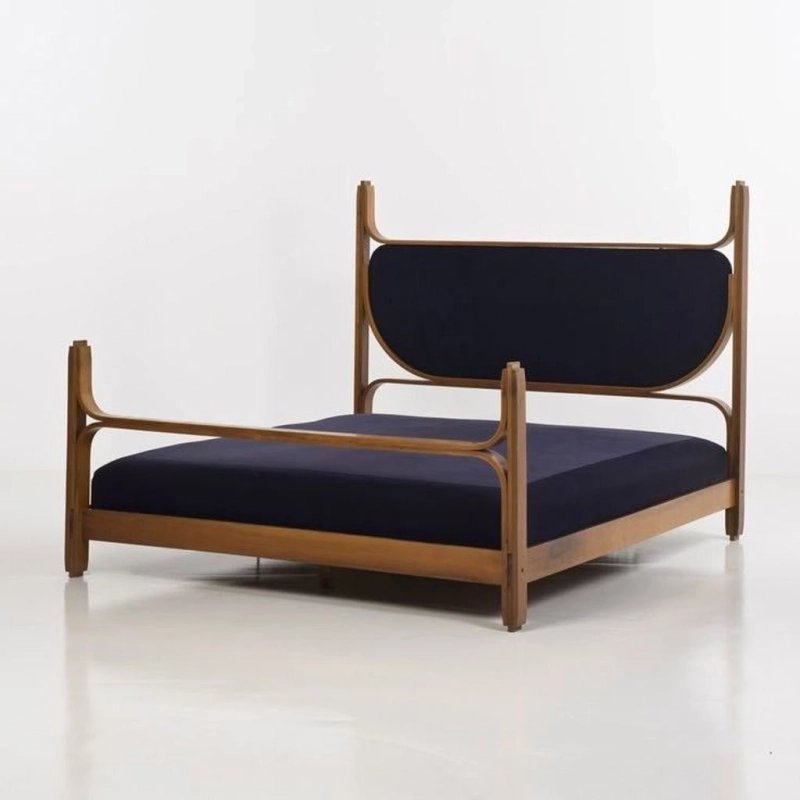 Mid-Century Modern Wooden Bed Frame with Upholstered Headboard Mid-Century Modern Wooden Bed Frame with Upholstered Headboard