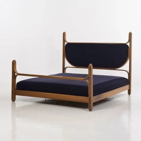Mid-Century Modern Wooden Bed Frame with Upholstered Headboard