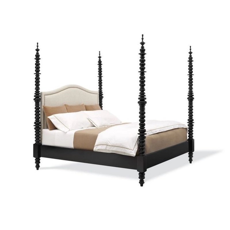 Elegant Black Four Poster Bed with Upholstered Headboard