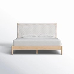 Modern Minimalist Wood Bed Frame with Woven Headboard - Queen Size