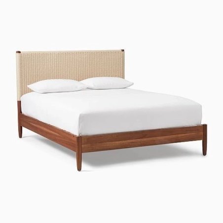 Solid Wood Bed Frame with Natural Rattan Woven Headboard - Queen Size