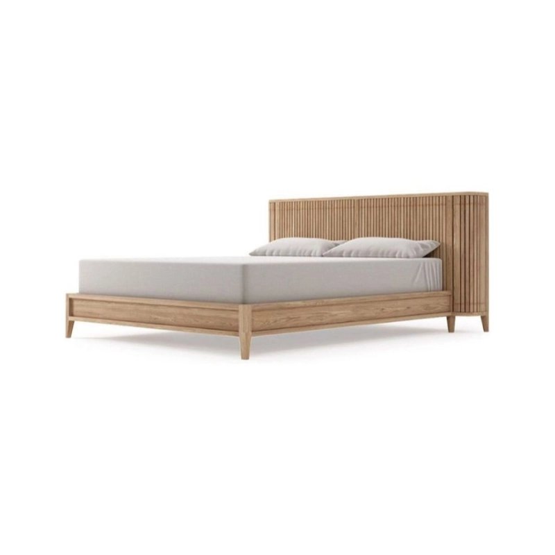 Minimalist Modern Wooden Bed Frame with Slatted Headboard - Natural Wood Minimalist Modern Wooden Bed Frame with Slatted Headboard - Natural Wood