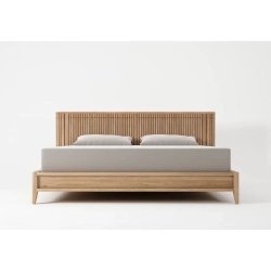 Minimalist Modern Wooden Bed Frame with Slatted Headboard - Natural Wood