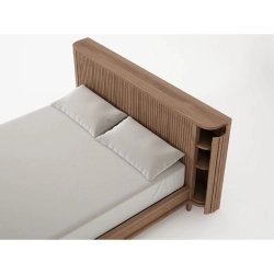 Minimalist Modern Wooden Bed Frame with Slatted Headboard - Natural Wood