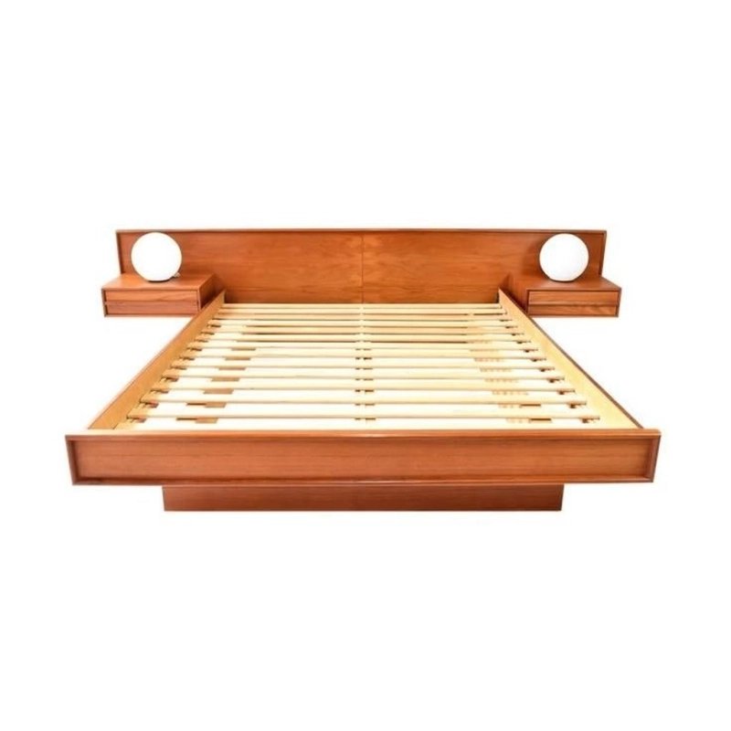 Modern Wood Platform Bed Frame with Integrated Bedside Tables and Lamps