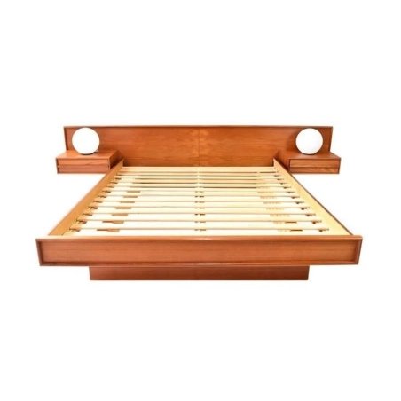 Modern Wood Platform Bed Frame with Integrated Bedside Tables and Lamps