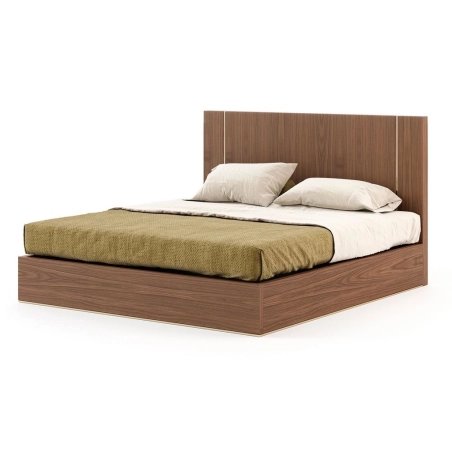 Modern Minimalist Platform Bed with Wooden Headboard and Metal Accents