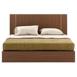 Modern Minimalist Platform Bed with Wooden Headboard and Metal Accents