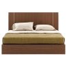Modern Minimalist Platform Bed with Wooden Headboard and Metal Accents