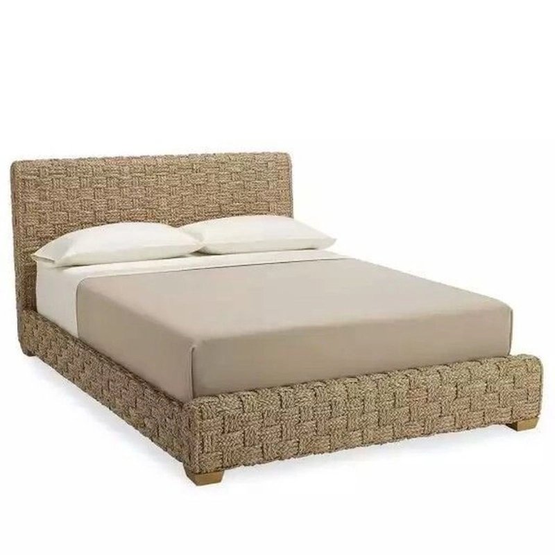 Natural Handwoven Rattan Bed Frame with Headboard Tropical Coastal Bedroom Furniture Natural Handwoven Rattan Bed Frame with Headboard Tropical Coastal Bedroom Furniture