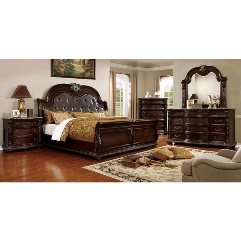 Exquisite Traditional Dark Wood Sleigh Bedroom Set with Tufted Headboard