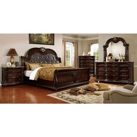 Exquisite Traditional Dark Wood Sleigh Bedroom Set with Tufted Headboard