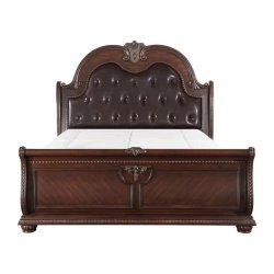 Exquisite Traditional Dark Wood Sleigh Bedroom Set with Tufted Headboard