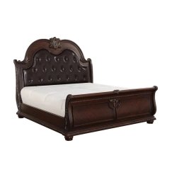 Exquisite Traditional Dark Wood Sleigh Bedroom Set with Tufted Headboard