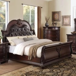 Exquisite Traditional Dark Wood Sleigh Bedroom Set with Tufted Headboard