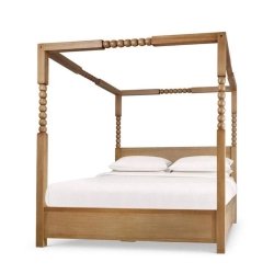 Solid Wood Four Poster Bed Frame with Beaded Posts | Natural Finish
