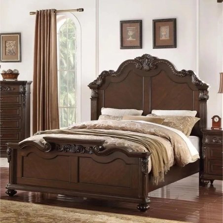 Classic Carved Dark Brown Wooden Bed Frame for Master Bedroom