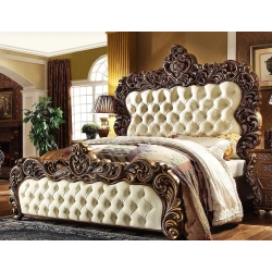 Luxury Ornate King Size Bed Set with Tufted Upholstery and Carvings