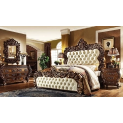 Luxury Ornate King Size Bed Set with Tufted Upholstery and Carvings