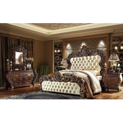 Luxury Ornate King Size Bed Set with Tufted Upholstery and Carvings