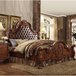 Luxurious Solid Wood Carved Bed with Tufted Headboard