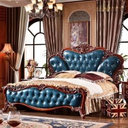 Luxury Classic Blue Tufted Upholstered Bed with Intricate Carved Wood Frame King Size